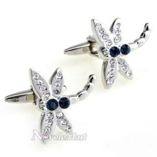   Dragonfly Mens Cufflinks with Blue Crystal Animal Cuff Links Gift New