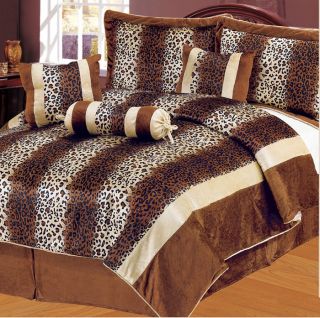7pcs Queen Leopard Brown Micro Fur Comforter Set