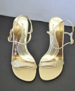 Anne Michelle 7 Gold Satin 4 Heels Shoes Rhinestones Strappy 