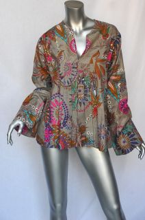 Antik Batik Gorgeous Floral Bohemian Multi Color Cotton Blouse Shirt 