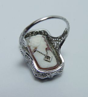 Antique Cameo Onyx Diamond Filigree Flip Style Ring 14k White Gold 