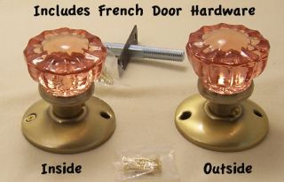 FOUR Antique Crystal Knobs & Brass FRENCH DOOR Hardware