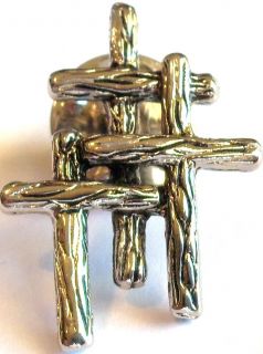 Vintage Sterling Signed Three Religious Crosses Cross Stick Pin Estate 