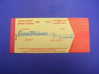 Ecuador Antique Passenger Ticket Ecuatoriana of Aviation Year 1961 