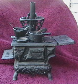 Vintage Salesman Sample Toy Cast Iron Stoves 2 with Pots Pan