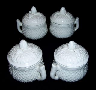 MOTTAHEDEH ~ Set of (4) Creamware Ermine Tail Lidded POT DE CREME CUPS 