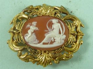 ANTIQUE ITALIAN CAMEO BROOCH GOLD CANNETILLE FRAME CARVED SHELL CUPID 