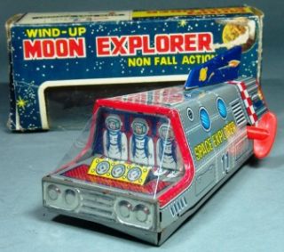 Scarce Vintage Japan Tin Moon Explorer Non Fall Space Rocket SHIP Wind 