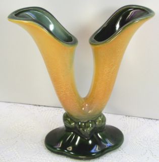 Vintage Hull Art Pottery Orange Dark Green Double Fluted Flower Vase 