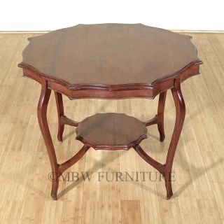 Antique English Walnut Edwardian Octagonal Centre Table w/ Shelf c1910 