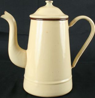 Antique French Cream Brown Enamelware Kettle Pitcher