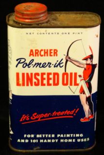Vintage One Pint can of Archer Pol Mer Ik Linseed Oil. Copyright 1950 