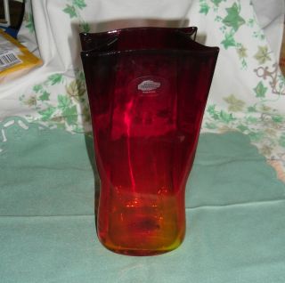 Blenko Vintage Handcrafted Art Glass Red Orange Square Bag Vase USA 