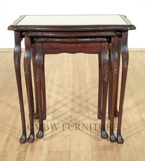 Antique Walnut Regency Nesting Tables Set 3 w Glass Top Leather c1940 