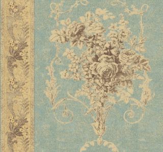   French Historical Floral in Blue Antique Cream Wallpaper