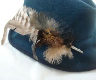 Vintage Wiener Modell Soft Tyrolean Blue Fedora German Hat Feather Pin 