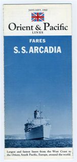 Orient & Pacific Lines S S ARCADIA Fares 1960 West Coast to Asia