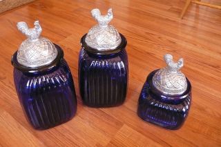 Artland Canisters 3 Piece Set with Rooster Lid in Cobalt Blue