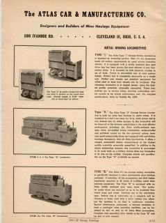 Atlas Car Metal Mining Locomotives Coal Mine 1951 Ad