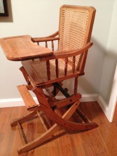 Antique Oak Baby High Chair Converts to Rocker Rocking Chair Cane Seat