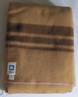 Vintage Ayres Pure Wool Blanket Camel w Coffee Stripes Lachute Quebec 