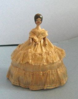 Antique Miniature Wood Doll in Fabric Dress Marked “ Depose’ 3 