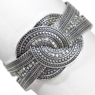 Chunky Silver Crystal Metal Art Bangle Cuff Bracelet Costume Jewelry 1 