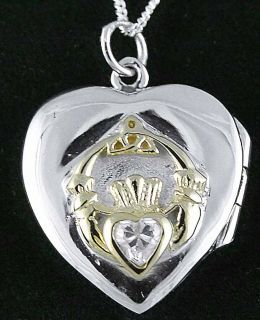 14k White Gold Silver Diamond Claddagh Celtic Locket Necklace Irish 