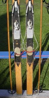 Vintage Wooden Skis 71 Long Bamboo Poles Hickory