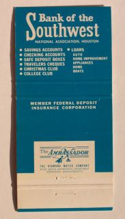 1950s Matchbook Bank of The Southwest Houston TX Harris