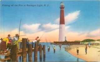 NEW JERSEY Fishing off the Pier at Barnegat Light Linen Postcard