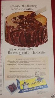 1958 Bakers Genuine Chocolate Cake Frosting Ad Art