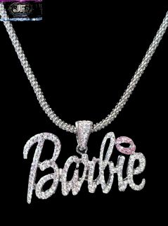 Nicki Minaj 3 Barbie Iced Out Necklace Silver Clear Pink Lips