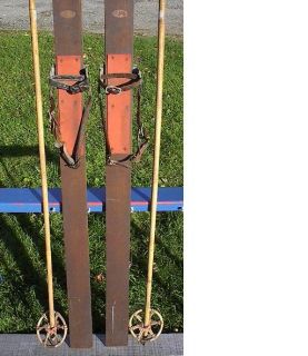 Vintage Wooden Skis 83 Long Old Bamboo Poles Antique