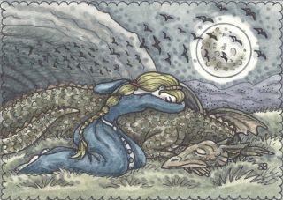   Dragon Weeping Maiden Bat Cave Mourning Funeral Art ACEO EBSQ