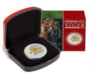 Australian 2010 Tiger Lunar gold Gilded $1 1 Ounce Pure Silver Coin 