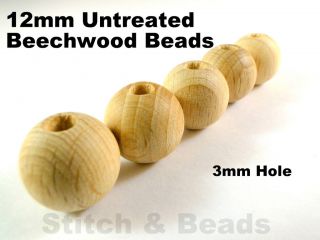 12mm Natural Wooden Beads Round Untreated Wood Balls 3mm Hole 100% 