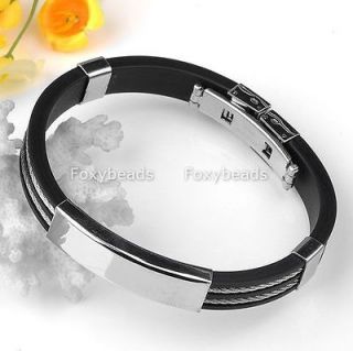 stainless steel black rubber double line men s bracelet wristband