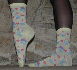 Womens worn socks Pretty Lemon love hearts& cup cakes design Goddess 