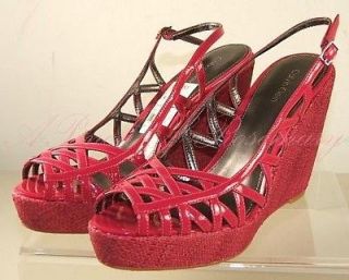 Calvin Klein Sand Patent Leather Raffia Sandal Wedge Heel Shoes 