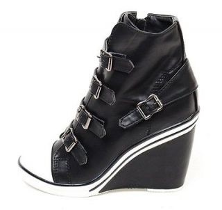 Women Wedge High Heel High Top Sneakers Tennis Shoes Ankle Boots Black 