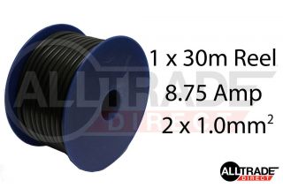 30m BLACK ROLL REEL TWIN CORE 2x 14/0.30 AUTO CABLE 8.75a 2x 1mm2 FLAT 