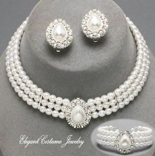 Wedding White Pearl Flexible Choker Necklace Set Bracelet Gift Chunky 