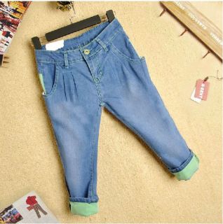 NEW WOMENS Loose Cropped Jeans Demin Pants Harem Hemming Style Light 