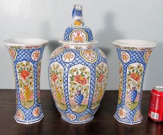Antique Delft Polychrome Cabinet Set Ginger Jar & Vases Tin Glazed 