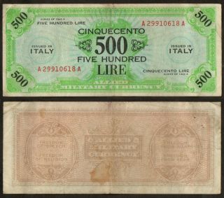 ALLIED MILITARY CURRENCY 500 LIRE 1943 M#22 CRISP NOTE f vf