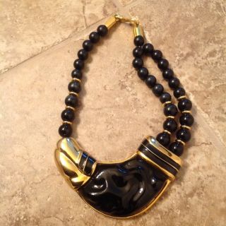Vintage ALEXIS KIRK Large Necklace Lucite Enamel Chunky Black And Gold 