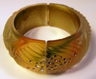 Large Hand Carved Signed Alexis Bittar Lucite & Rhinestone Bangle 