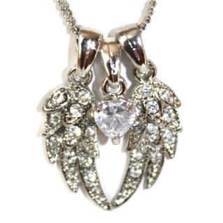 Guardian Angel Wings CZ Heart Charm Silver PL Necklace