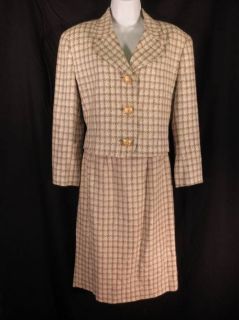 Womens 6 ANN MAY Woven Silk Suit Beige Houndstooth Fully Lined